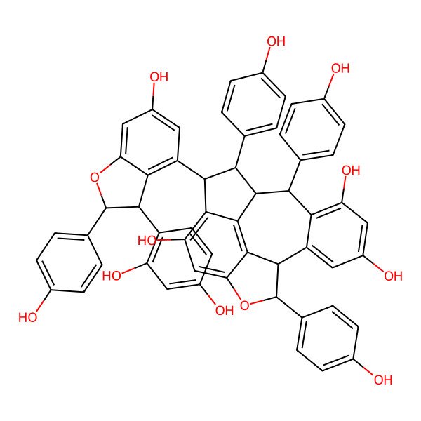 2D Structure of 3-[3-(2,4-Dihydroxyphenyl)-6-hydroxy-2-(4-hydroxyphenyl)-2,3-dihydro-1-benzofuran-4-yl]-2,9,17-tris(4-hydroxyphenyl)-8-oxapentacyclo[8.7.2.04,18.07,19.011,16]nonadeca-4(18),5,7(19),11(16),12,14-hexaene-5,13,15-triol