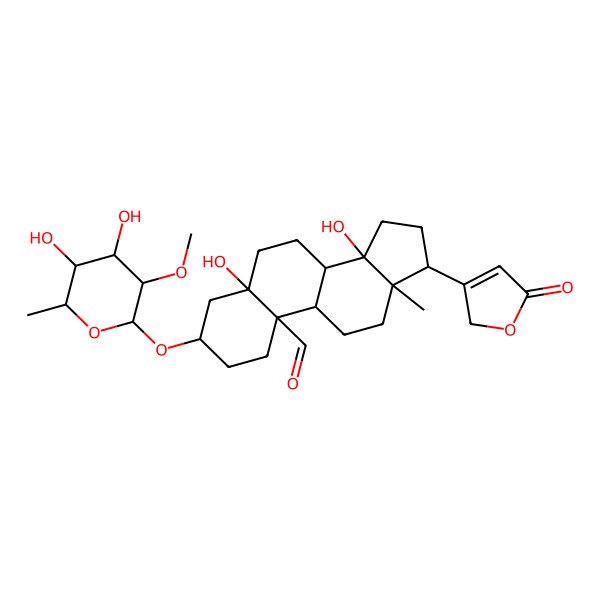 2D Structure of 3-(4,5-dihydroxy-3-methoxy-6-methyloxan-2-yl)oxy-5,14-dihydroxy-13-methyl-17-(5-oxo-2H-furan-3-yl)-2,3,4,6,7,8,9,11,12,15,16,17-dodecahydro-1H-cyclopenta[a]phenanthrene-10-carbaldehyde