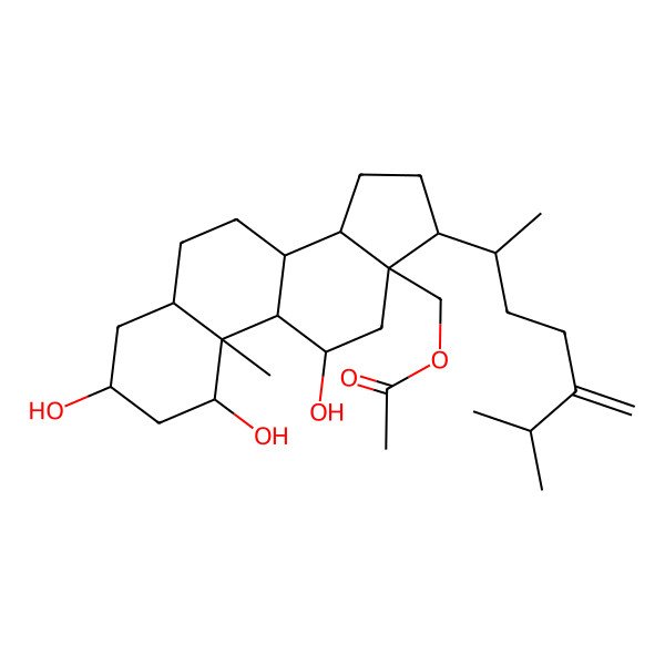 2D Structure of [(1S,3R,5S,8S,9S,10S,11R,13S,14S,17R)-1,3,11-trihydroxy-10-methyl-17-[(2R)-6-methyl-5-methylideneheptan-2-yl]-2,3,4,5,6,7,8,9,11,12,14,15,16,17-tetradecahydro-1H-cyclopenta[a]phenanthren-13-yl]methyl acetate