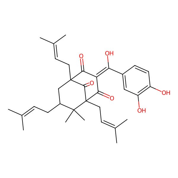 2D Structure of (1R,5S,7R)-3-[(3,4-dihydroxyphenyl)-hydroxymethylidene]-6,6-dimethyl-1,5,7-tris(3-methylbut-2-enyl)bicyclo[3.3.1]nonane-2,4,9-trione