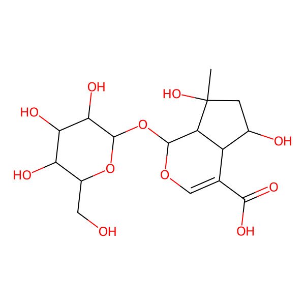 2D Structure of 5,7-dihydroxy-7-methyl-1-[3,4,5-trihydroxy-6-(hydroxymethyl)oxan-2-yl]oxy-4a,5,6,7a-tetrahydro-1H-cyclopenta[c]pyran-4-carboxylic acid
