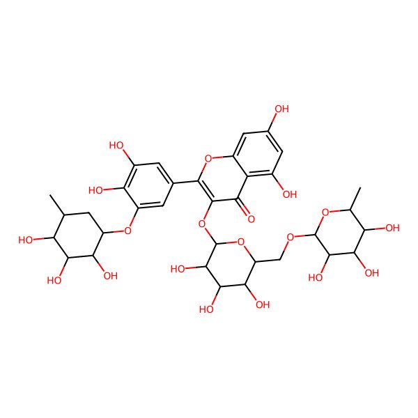2D Structure of 2-[3,4-dihydroxy-5-(2,3,4-trihydroxy-5-methylcyclohexyl)oxyphenyl]-5,7-dihydroxy-3-[(2S,3R,4S,5S,6R)-3,4,5-trihydroxy-6-[[(2R,3R,4R,5R,6S)-3,4,5-trihydroxy-6-methyloxan-2-yl]oxymethyl]oxan-2-yl]oxychromen-4-one