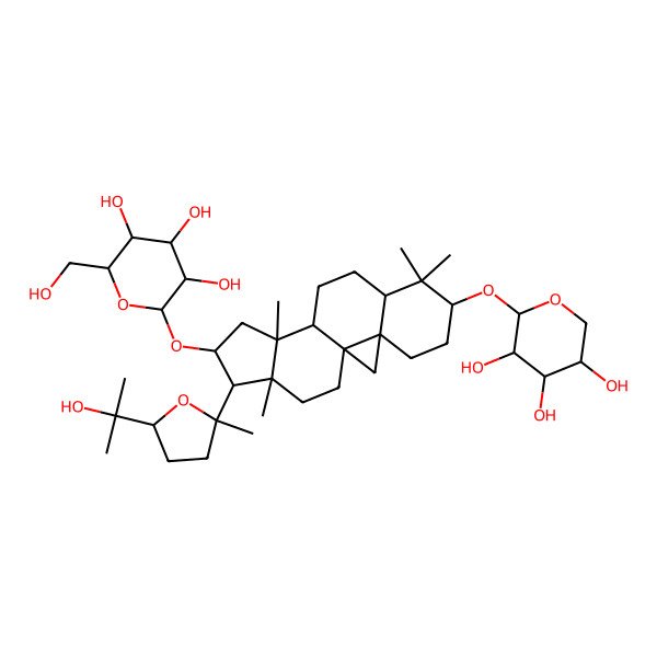 2D Structure of 2-(Hydroxymethyl)-6-[[15-[5-(2-hydroxypropan-2-yl)-2-methyloxolan-2-yl]-7,7,12,16-tetramethyl-6-(3,4,5-trihydroxyoxan-2-yl)oxy-14-pentacyclo[9.7.0.01,3.03,8.012,16]octadecanyl]oxy]oxane-3,4,5-triol