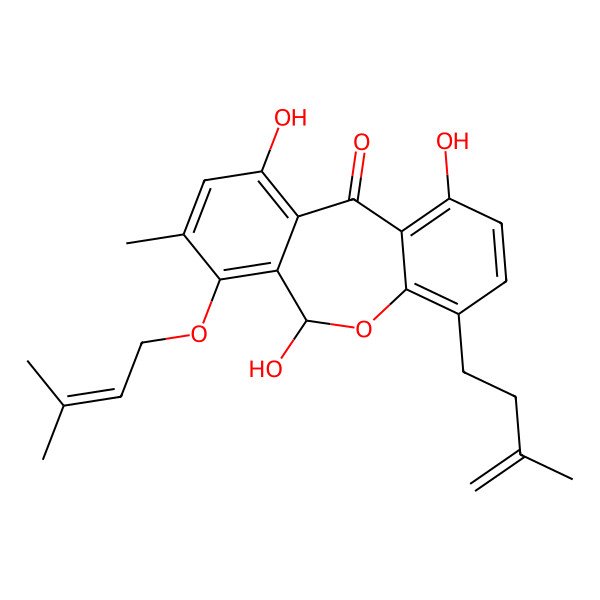 2D Structure of 1,6,10-trihydroxy-8-methyl-7-(3-methylbut-2-enoxy)-4-(3-methylbut-3-enyl)-6H-benzo[c][1]benzoxepin-11-one