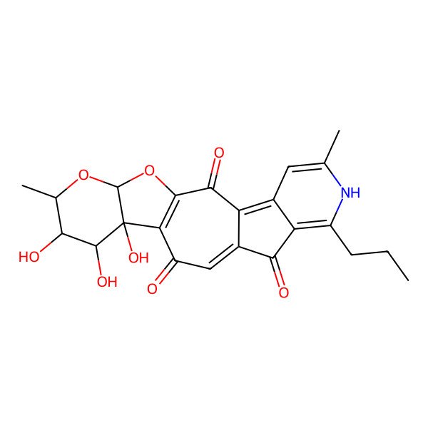 2D Structure of 15,16,17-trihydroxy-6,18-dimethyl-8-propyl-19,21-dioxa-7-azapentacyclo[12.7.0.03,11.04,9.015,20]henicosa-1(14),3,5,8,11-pentaene-2,10,13-trione