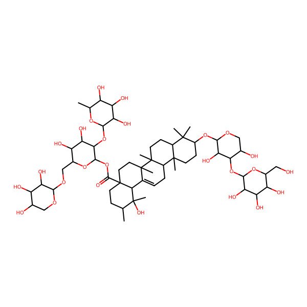 2D Structure of [(2S,3R,4S,5S,6R)-4,5-dihydroxy-3-[(2S,3R,4R,5R,6S)-3,4,5-trihydroxy-6-methyloxan-2-yl]oxy-6-[[(2S,3R,4S,5R)-3,4,5-trihydroxyoxan-2-yl]oxymethyl]oxan-2-yl] (1R,2R,4aS,6aR,6aS,6bR,8aR,10S,12aR,14bS)-10-[(2S,3R,4S,5S)-3,5-dihydroxy-4-[(2S,3R,4S,5S,6R)-3,4,5-trihydroxy-6-(hydroxymethyl)oxan-2-yl]oxyoxan-2-yl]oxy-1-hydroxy-1,2,6a,6b,9,9,12a-heptamethyl-2,3,4,5,6,6a,7,8,8a,10,11,12,13,14b-tetradecahydropicene-4a-carboxylate