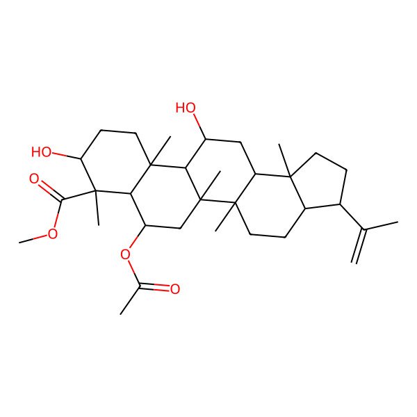 2D Structure of methyl (3R,3aS,5aR,5bR,7R,7aR,8R,9S,11aR,11bR,12S,13aR,13bS)-7-acetyloxy-9,12-dihydroxy-5a,5b,8,11a,13b-pentamethyl-3-prop-1-en-2-yl-1,2,3,3a,4,5,6,7,7a,9,10,11,11b,12,13,13a-hexadecahydrocyclopenta[a]chrysene-8-carboxylate