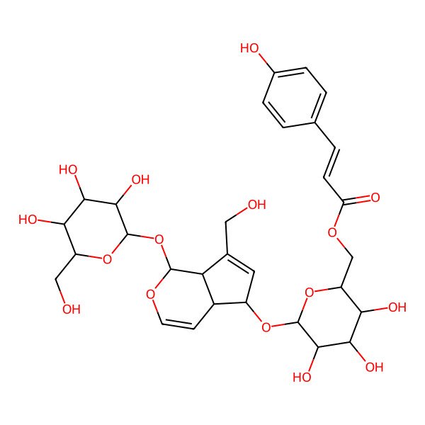 2D Structure of [3,4,5-Trihydroxy-6-[[7-(hydroxymethyl)-1-[3,4,5-trihydroxy-6-(hydroxymethyl)oxan-2-yl]oxy-1,4a,5,7a-tetrahydrocyclopenta[c]pyran-5-yl]oxy]oxan-2-yl]methyl 3-(4-hydroxyphenyl)prop-2-enoate