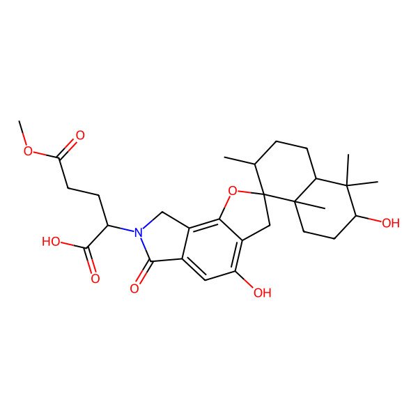 2D Structure of 2-(3,4'-dihydroxy-4,4,7,8a-tetramethyl-6'-oxospiro[2,3,4a,5,6,7-hexahydro-1H-naphthalene-8,2'-3,8-dihydrofuro[2,3-e]isoindole]-7'-yl)-5-methoxy-5-oxopentanoic acid