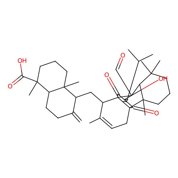 2D Structure of (1R,4aR,5S,8aR)-5-[[(1R,2S,7S,8R,9S,10R)-8-formyl-15-hydroxy-2,6,6,11-tetramethyl-14,17-dioxo-16-propan-2-yl-10-tetracyclo[7.4.4.01,9.02,7]heptadeca-11,15-dienyl]methyl]-1,4a-dimethyl-6-methylidene-3,4,5,7,8,8a-hexahydro-2H-naphthalene-1-carboxylic acid