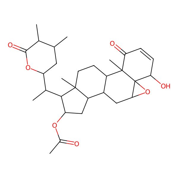 2D Structure of [15-[1-(4,5-Dimethyl-6-oxooxan-2-yl)ethyl]-6-hydroxy-2,16-dimethyl-3-oxo-8-oxapentacyclo[9.7.0.02,7.07,9.012,16]octadec-4-en-14-yl] acetate