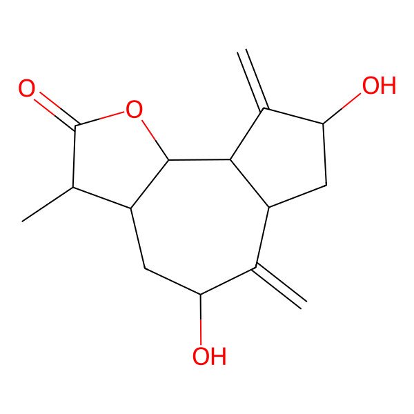 2D Structure of (3S,6aR,9aR,9bS)-5,8-dihydroxy-3-methyl-6,9-dimethylidene-3a,4,5,6a,7,8,9a,9b-octahydro-3H-azuleno[4,5-b]furan-2-one