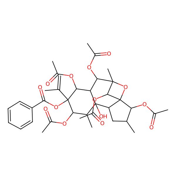 2D Structure of (2,8,10,12,15-Pentaacetyloxy-6-hydroxy-3,7,13-trimethyl-9-prop-1-en-2-yl-14-oxatetracyclo[11.1.1.01,5.06,11]pentadecan-9-yl) benzoate