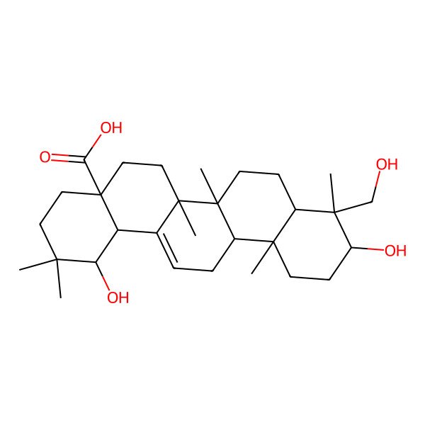2D Structure of (1S,4aR,6aR,6aS,6bR,8aR,9S,10R,12aR,14bS)-1,10-dihydroxy-9-(hydroxymethyl)-2,2,6a,6b,9,12a-hexamethyl-1,3,4,5,6,6a,7,8,8a,10,11,12,13,14b-tetradecahydropicene-4a-carboxylic acid