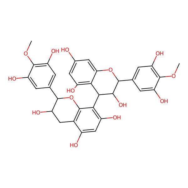 2D Structure of 2-(3,5-dihydroxy-4-methoxyphenyl)-8-[2-(3,5-dihydroxy-4-methoxyphenyl)-3,5,7-trihydroxy-3,4-dihydro-2H-chromen-4-yl]-3,4-dihydro-2H-chromene-3,5,7-triol