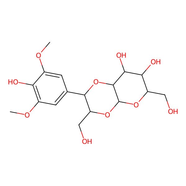 2D Structure of (2S,3S,4aS,6R,7S,8S,8aR)-2-(4-hydroxy-3,5-dimethoxyphenyl)-3,6-bis(hydroxymethyl)-3,4a,6,7,8,8a-hexahydro-2H-pyrano[2,3-b][1,4]dioxine-7,8-diol