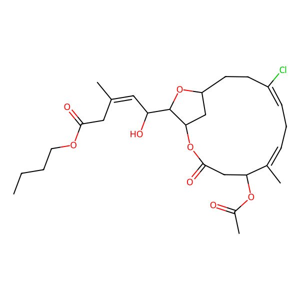 2D Structure of butyl (E,5R)-5-[(1S,5S,6E,9Z,13S,15S)-5-acetyloxy-10-chloro-6-methyl-3-oxo-2,14-dioxabicyclo[11.2.1]hexadeca-6,9-dien-15-yl]-5-hydroxy-3-methylpent-3-enoate