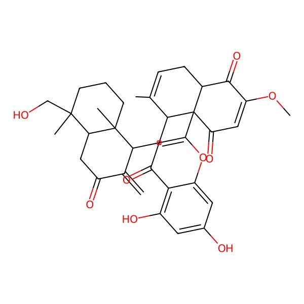 2D Structure of 8a-(5,7-dihydroxy-4-oxochromen-2-yl)-8-[[5-(hydroxymethyl)-5,8a-dimethyl-2-methylidene-3-oxo-1,4,4a,6,7,8-hexahydronaphthalen-1-yl]methyl]-3-methoxy-7-methyl-5,8-dihydro-4aH-naphthalene-1,4-dione