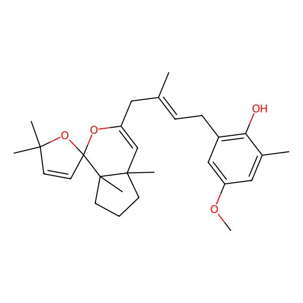 2D Structure of 2-[4-(4a,5',5',7a-tetramethylspiro[6,7-dihydro-5H-cyclopenta[c]pyran-1,2'-furan]-3-yl)-3-methylbut-2-enyl]-4-methoxy-6-methylphenol