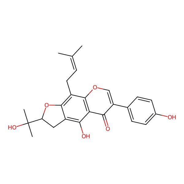 2D Structure of (2R)-4-hydroxy-6-(4-hydroxyphenyl)-2-(2-hydroxypropan-2-yl)-9-(3-methylbut-2-enyl)-2,3-dihydrofuro[3,2-g]chromen-5-one