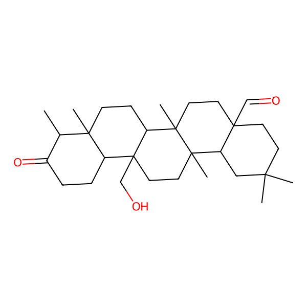 2D Structure of (4aS,6aR,6aR,6bR,8aS,9R,12aR,14aS,14bS)-6a-(hydroxymethyl)-2,2,6a,8a,9,14a-hexamethyl-10-oxo-3,4,5,6,6b,7,8,9,11,12,12a,13,14,14b-tetradecahydro-1H-picene-4a-carbaldehyde