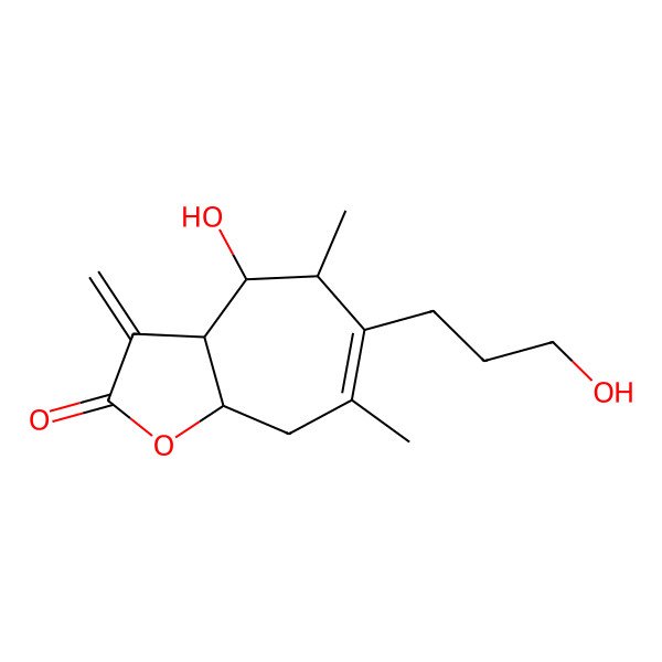 2D Structure of 4-hydroxy-6-(3-hydroxypropyl)-5,7-dimethyl-3-methylidene-4,5,8,8a-tetrahydro-3aH-cyclohepta[b]furan-2-one