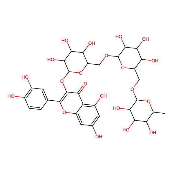2D Structure of 2-(3,4-dihydroxyphenyl)-5,7-dihydroxy-3-[(2R,3S,4R,5S,6S)-3,4,5-trihydroxy-6-[[(2S,3S,4R,5R,6S)-3,4,5-trihydroxy-6-[[(2S,3R,4R,5R,6S)-3,4,5-trihydroxy-6-methyloxan-2-yl]oxymethyl]oxan-2-yl]oxymethyl]oxan-2-yl]oxychromen-4-one