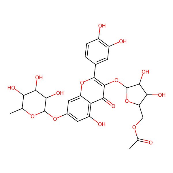 2D Structure of [(2S,3R,4R,5S)-5-[2-(3,4-dihydroxyphenyl)-5-hydroxy-4-oxo-7-[(2S,3R,4R,5R,6S)-3,4,5-trihydroxy-6-methyloxan-2-yl]oxychromen-3-yl]oxy-3,4-dihydroxyoxolan-2-yl]methyl acetate