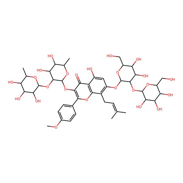 2D Structure of 7-[4,5-Dihydroxy-6-(hydroxymethyl)-3-[3,4,5-trihydroxy-6-(hydroxymethyl)oxan-2-yl]oxyoxan-2-yl]oxy-3-[4,5-dihydroxy-6-methyl-3-(3,4,5-trihydroxy-6-methyloxan-2-yl)oxyoxan-2-yl]oxy-5-hydroxy-2-(4-methoxyphenyl)-8-(3-methylbut-2-enyl)chromen-4-one