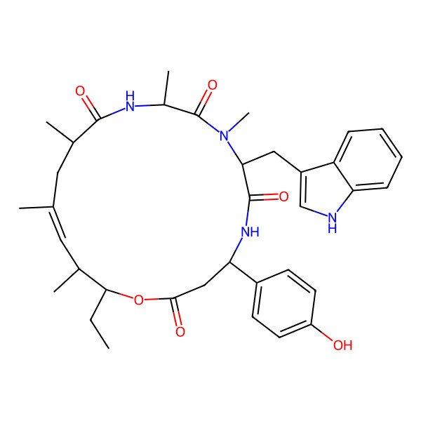 2D Structure of 18-ethyl-4-(4-hydroxyphenyl)-7-(1H-indol-3-ylmethyl)-8,10,13,15,17-pentamethyl-1-oxa-5,8,11-triazacyclooctadec-15-ene-2,6,9,12-tetrone