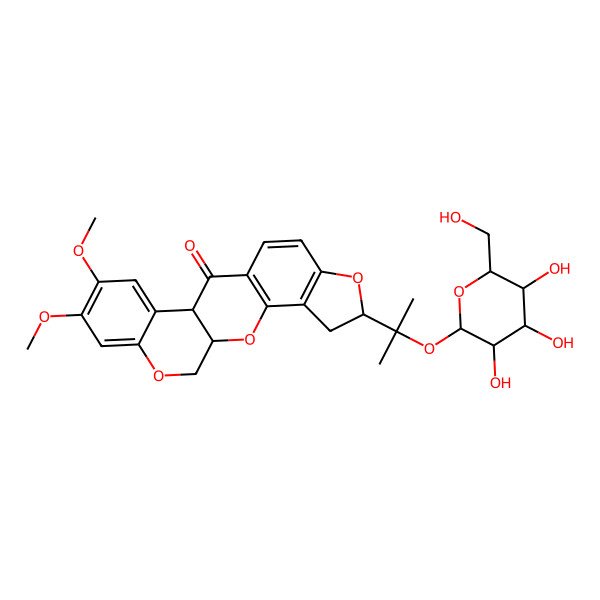2D Structure of (1S,6R,13S)-16,17-dimethoxy-6-[2-[(2S,3R,4S,5S,6R)-3,4,5-trihydroxy-6-(hydroxymethyl)oxan-2-yl]oxypropan-2-yl]-2,7,20-trioxapentacyclo[11.8.0.03,11.04,8.014,19]henicosa-3(11),4(8),9,14,16,18-hexaen-12-one