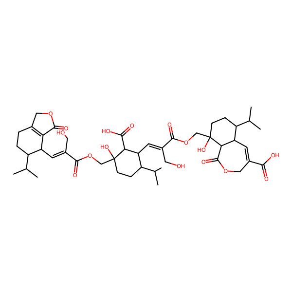 2D Structure of 9-[[3-[2-carboxy-3-hydroxy-3-[[2-(hydroxymethyl)-3-(3-oxo-5-propan-2-yl-4,5,6,7-tetrahydro-1H-2-benzofuran-4-yl)prop-2-enoyl]oxymethyl]-6-propan-2-ylcyclohexyl]-2-(hydroxymethyl)prop-2-enoyl]oxymethyl]-9-hydroxy-1-oxo-6-propan-2-yl-3,5a,6,7,8,9a-hexahydro-2-benzoxepine-4-carboxylic acid