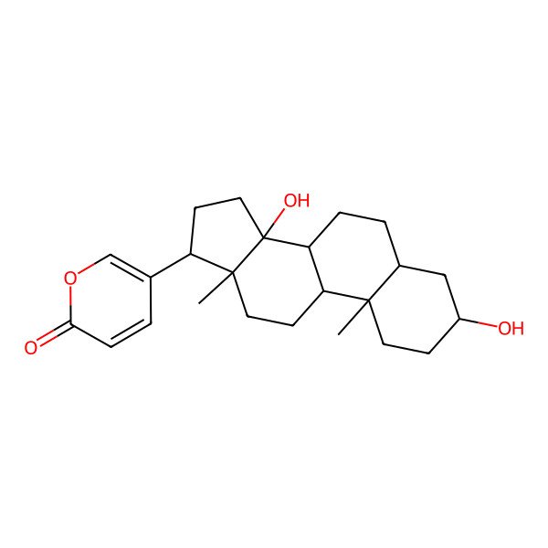 2D Structure of 5-(3,14-Dihydroxy-10,13-dimethyl-1,2,3,4,5,6,7,8,9,11,12,15,16,17-tetradecahydrocyclopenta(a)phenanthren-17-yl)pyran-2-one