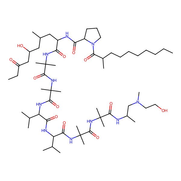 2D Structure of N-[6-hydroxy-1-[[1-[[1-[[1-[[1-[[1-[[1-[1-[2-hydroxyethyl(methyl)amino]propan-2-ylamino]-2-methyl-1-oxopropan-2-yl]amino]-2-methyl-1-oxopropan-2-yl]amino]-3-methyl-1-oxobutan-2-yl]amino]-3-methyl-1-oxobutan-2-yl]amino]-2-methyl-1-oxopropan-2-yl]amino]-2-methyl-1-oxopropan-2-yl]amino]-4-methyl-1,8-dioxodecan-2-yl]-1-(2-methyldecanoyl)pyrrolidine-2-carboxamide