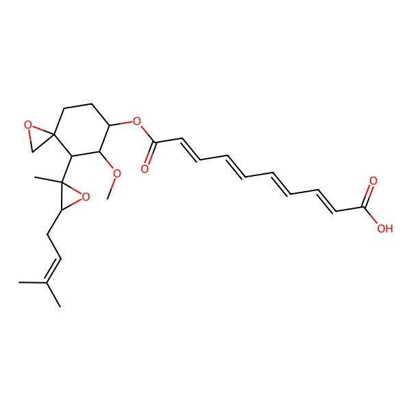 2D Structure of 10-[[5-Methoxy-4-[2-methyl-3-(3-methylbut-2-enyl)oxiran-2-yl]-1-oxaspiro[2.5]octan-6-yl]oxy]-10-oxodeca-2,4,6,8-tetraenoic acid