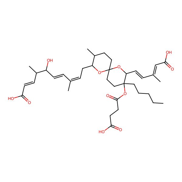 2D Structure of (2E,4R,5R,6E,8E)-10-[(2R,3S,6R,8S,9R)-2-[(1E,3E)-4-carboxy-3-methylbuta-1,3-dienyl]-3-(3-carboxypropanoyloxy)-9-methyl-3-pentyl-1,7-dioxaspiro[5.5]undecan-8-yl]-5-hydroxy-4,8-dimethyldeca-2,6,8-trienoic acid