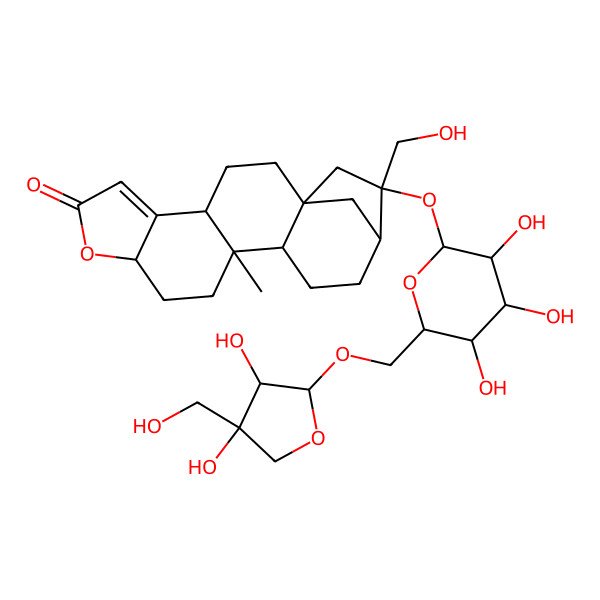 2D Structure of (1S,4S,9R,12S,13R,16R,17R)-17-[(2S,3R,4S,5S,6R)-6-[[(2R,3R,4R)-3,4-dihydroxy-4-(hydroxymethyl)oxolan-2-yl]oxymethyl]-3,4,5-trihydroxyoxan-2-yl]oxy-17-(hydroxymethyl)-12-methyl-8-oxapentacyclo[14.2.1.01,13.04,12.05,9]nonadec-5-en-7-one
