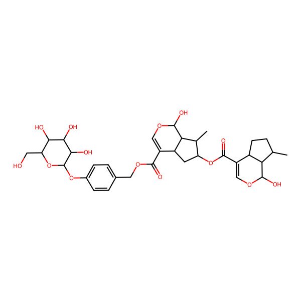2D Structure of [4-[(2S,3R,4S,5S,6R)-3,4,5-trihydroxy-6-(hydroxymethyl)oxan-2-yl]oxyphenyl]methyl (1R,4aS,6S,7R,7aS)-6-[(1R,4aS,7S,7aR)-1-hydroxy-7-methyl-1,4a,5,6,7,7a-hexahydrocyclopenta[c]pyran-4-carbonyl]oxy-1-hydroxy-7-methyl-1,4a,5,6,7,7a-hexahydrocyclopenta[c]pyran-4-carboxylate