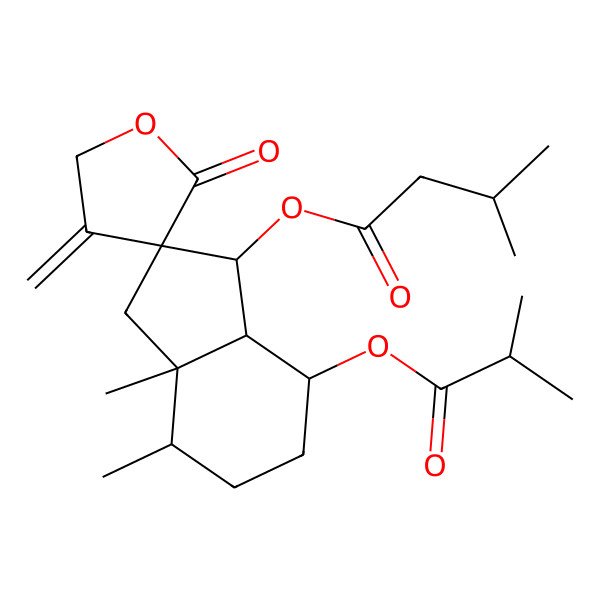 2D Structure of [(1R,2R,3aR,4S,7S,7aR)-3a,4-dimethyl-4'-methylidene-7-(2-methylpropanoyloxy)-2'-oxospiro[3,4,5,6,7,7a-hexahydro-1H-indene-2,3'-oxolane]-1-yl] 3-methylbutanoate