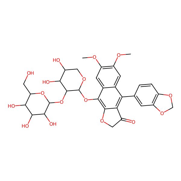 2D Structure of 4-(1,3-Benzodioxol-5-yl)-9-[4,5-dihydroxy-3-[3,4,5-trihydroxy-6-(hydroxymethyl)oxan-2-yl]oxyoxan-2-yl]oxy-6,7-dimethoxybenzo[f][1]benzofuran-3-one
