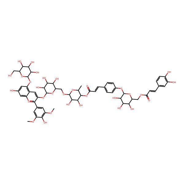 2D Structure of [(2S,3R,4S,5S,6R)-4,5-dihydroxy-2-methyl-6-[[(2R,3S,4R,5R,6S)-3,4,5-trihydroxy-6-[7-hydroxy-2-(4-hydroxy-3,5-dimethoxyphenyl)-5-[(2S,3S,4S,5S,6R)-3,4,5-trihydroxy-6-(hydroxymethyl)oxan-2-yl]oxychromenylium-3-yl]oxyoxan-2-yl]methoxy]oxan-3-yl] (E)-3-[4-[(2S,3R,4S,5S,6R)-6-[3-(3,4-dihydroxyphenyl)prop-2-enoyloxymethyl]-3,4,5-trihydroxyoxan-2-yl]oxyphenyl]prop-2-enoate