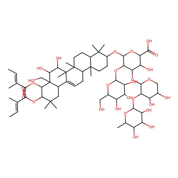 2D Structure of (2S,3S,4S,5R,6R)-6-[[(3S,4aR,6aR,6bS,7R,8S,8aR,9R,10R,12aS,14aR,14bR)-7,8-dihydroxy-8a-(hydroxymethyl)-4,4,6a,6b,11,11,14b-heptamethyl-9,10-bis[[(E)-2-methylbut-2-enoyl]oxy]-1,2,3,4a,5,6,7,8,9,10,12,12a,14,14a-tetradecahydropicen-3-yl]oxy]-4-[(2S,3R,4S,5S)-4,5-dihydroxy-3-[(2S,3R,4R,5R,6S)-3,4,5-trihydroxy-6-methyloxan-2-yl]oxyoxan-2-yl]oxy-3-hydroxy-5-[(2S,3R,4S,5R,6R)-3,4,5-trihydroxy-6-(hydroxymethyl)oxan-2-yl]oxyoxane-2-carboxylic acid