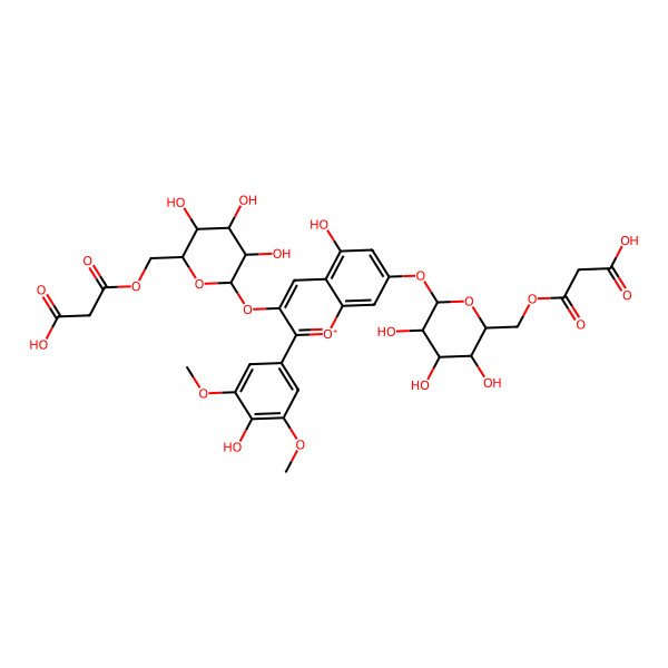 2D Structure of 3-[[(2R,3R,4S,5R,6S)-6-[3-[(2S,3R,4S,5R,6S)-6-[(2-carboxyacetyl)oxymethyl]-3,4,5-trihydroxyoxan-2-yl]oxy-5-hydroxy-2-(4-hydroxy-3,5-dimethoxyphenyl)chromenylium-7-yl]oxy-3,4,5-trihydroxyoxan-2-yl]methoxy]-3-oxopropanoic acid