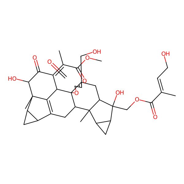 2D Structure of [9,21-Dihydroxy-5-(hydroxymethyl)-23-(1-methoxy-1-oxopropan-2-ylidene)-13,20-dimethyl-4,22-dioxo-3-oxaoctacyclo[14.7.1.02,6.02,14.08,13.010,12.017,19.020,24]tetracosa-5,16(24)-dien-9-yl]methyl 4-hydroxy-2-methylbut-2-enoate
