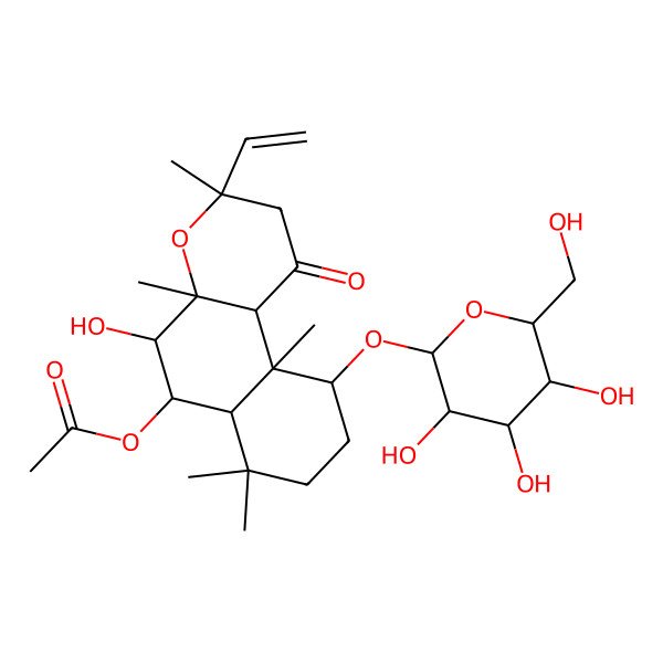 2D Structure of [3-Ethenyl-5-hydroxy-3,4a,7,7,10a-pentamethyl-1-oxo-10-[3,4,5-trihydroxy-6-(hydroxymethyl)oxan-2-yl]oxy-2,5,6,6a,8,9,10,10b-octahydrobenzo[f]chromen-6-yl] acetate