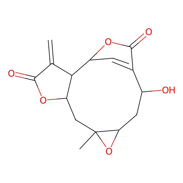 2D Structure of 12-Hydroxy-8-methyl-3-methylidene-5,9,15-trioxatetracyclo[11.2.1.02,6.08,10]hexadec-13(16)-ene-4,14-dione