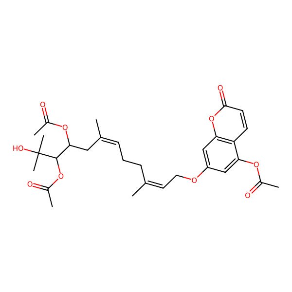2D Structure of [7-[(2E,6E,9S,10R)-9,10-diacetyloxy-11-hydroxy-3,7,11-trimethyldodeca-2,6-dienoxy]-2-oxochromen-5-yl] acetate