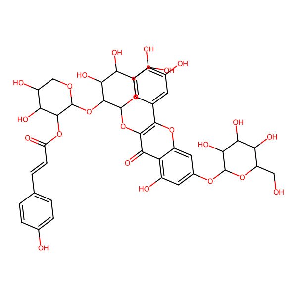 2D Structure of [(2R,3S,4R,5R)-2-[(2S,3R,4S,5S,6S)-2-[2-(3,4-dihydroxyphenyl)-5-hydroxy-4-oxo-7-[(2S,3S,4R,5S,6S)-3,4,5-trihydroxy-6-(hydroxymethyl)oxan-2-yl]oxychromen-3-yl]oxy-4,5-dihydroxy-6-(hydroxymethyl)oxan-3-yl]oxy-4,5-dihydroxyoxan-3-yl] (E)-3-(4-hydroxyphenyl)prop-2-enoate