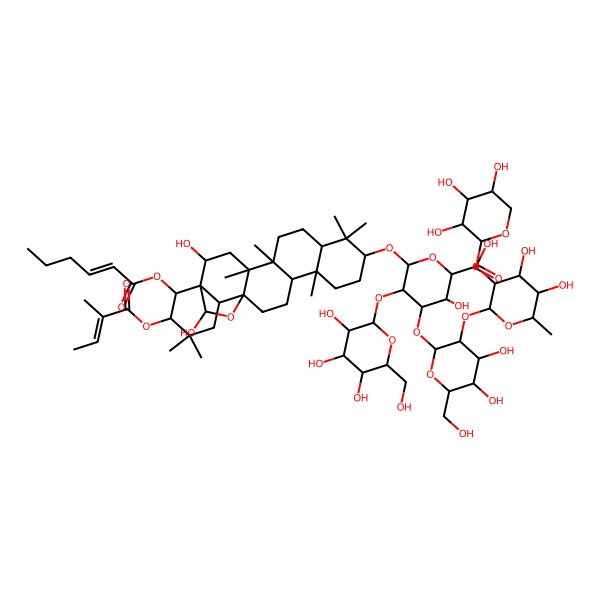 2D Structure of (2S,3S,4S,5R,6R)-4-[(2S,3R,4S,5R,6R)-3-[(2S,3R,4R,5R,6S)-4,5-dihydroxy-6-methyl-3-[(2S,3R,4S,5R)-3,4,5-trihydroxyoxan-2-yl]oxyoxan-2-yl]oxy-4,5-dihydroxy-6-(hydroxymethyl)oxan-2-yl]oxy-6-[[(1R,2R,4S,5R,8R,13R,14R,17S,18R,21R,22R)-22-[(Z)-hex-2-enoyl]oxy-2,23-dihydroxy-4,5,9,9,13,20,20-heptamethyl-21-[(Z)-2-methylbut-2-enoyl]oxy-24-oxahexacyclo[15.5.2.01,18.04,17.05,14.08,13]tetracosan-10-yl]oxy]-3-hydroxy-5-[(2S,3R,4S,5R,6R)-3,4,5-trihydroxy-6-(hydroxymethyl)oxan-2-yl]oxyoxane-2-carboxylic acid