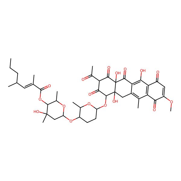 2D Structure of [6-[6-[(3-Acetyl-4a,6,12a-trihydroxy-9-methoxy-11-methyl-2,4,5,7,10-pentaoxo-1,12-dihydrotetracen-1-yl)oxy]-2-methyloxan-3-yl]oxy-4-hydroxy-2,4-dimethyloxan-3-yl] 2,4-dimethylhept-2-enoate